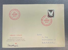 1945 FDC Brief mit Ausschnitt Block Basler Taube
