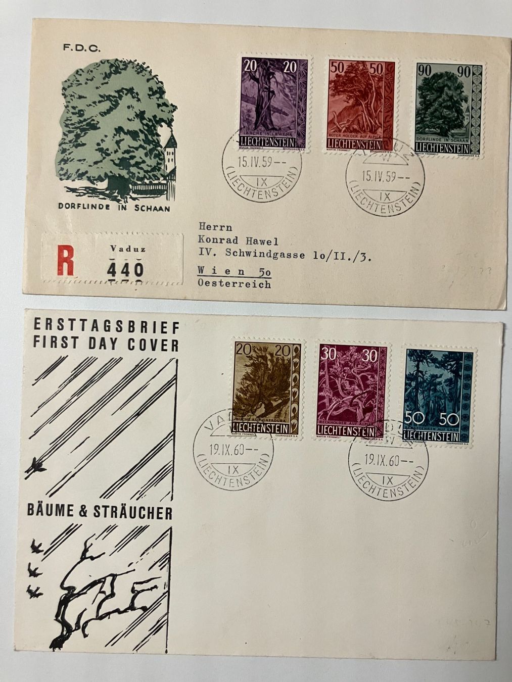 Tutti i francobolli: 1959/60, 2 FDC's, Bäume & Sträucher, KP 155.-- – Usato da Würenlos venduto da Eulenpostuhu