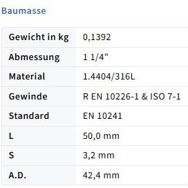 GF Ferramenta: Rohrdoppelnippel 1 1/4" x 50mm – Nuovo e nell'imballaggio originale da Amriswil venduto da SwissFittings 1