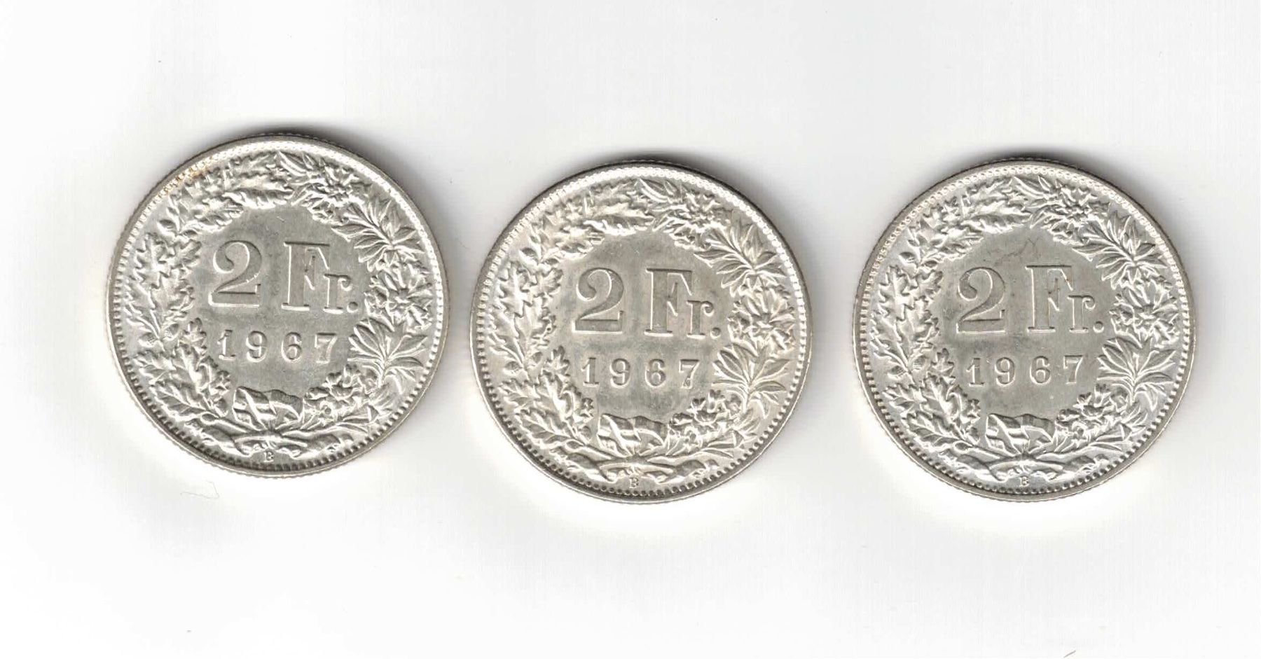 Tutti le monete: 3 x Fr.- 2.- 1967 unzirkuliert – Nuovo (secondo la descrizione) da Bottmingen venduto da Golferin