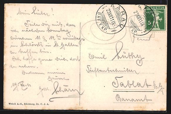 Cartoline postali: AK Aarau, Ortspartie mit Kirche, 1911 – Usato da Berlin venduto da bartko-reher 1