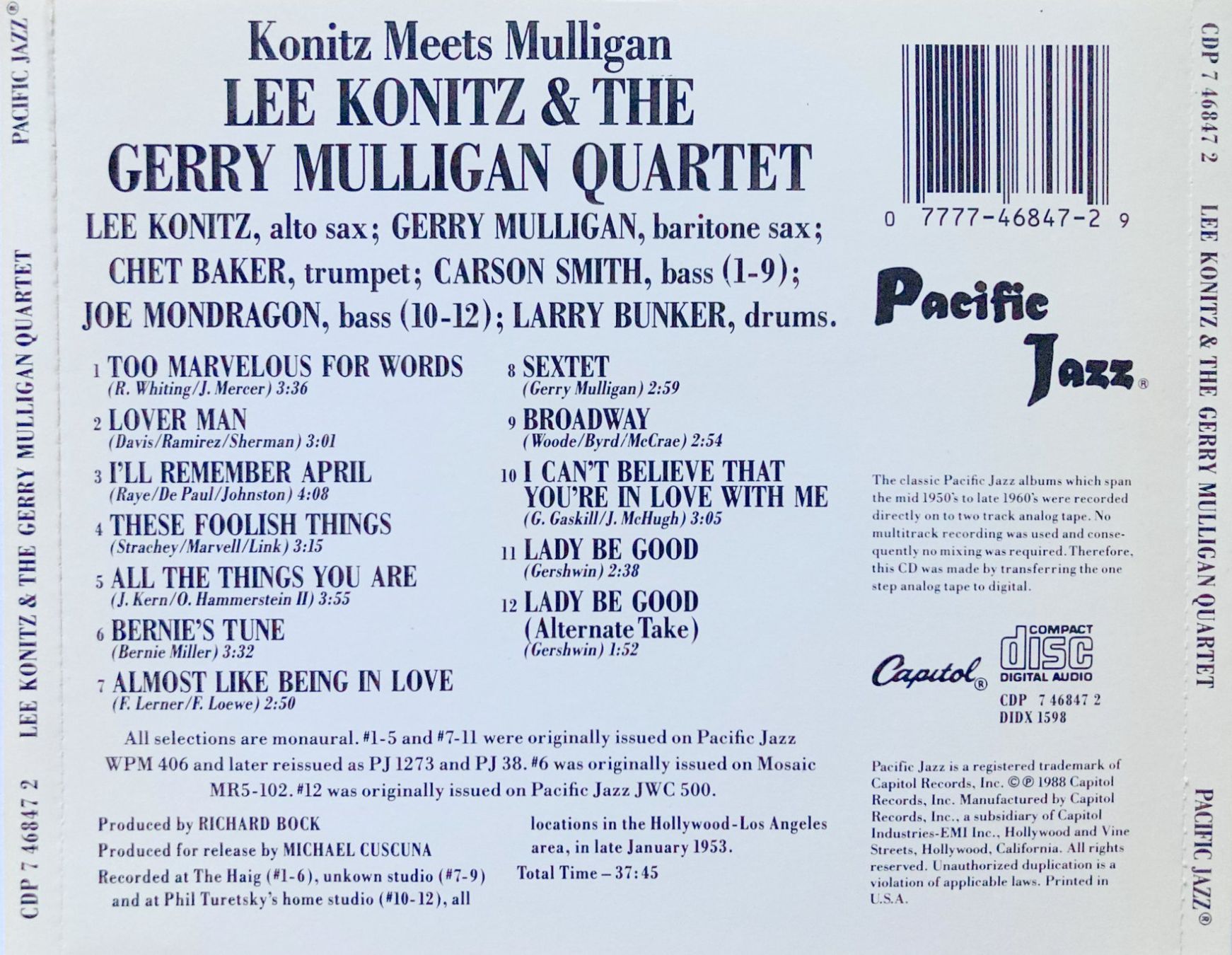 CD: LEE KONITZ & THE GERRY MULLIGAN QUARTET - KONITZ MEETS MULLI – Usato da Bottens venduto da hotter-than-hell 1
