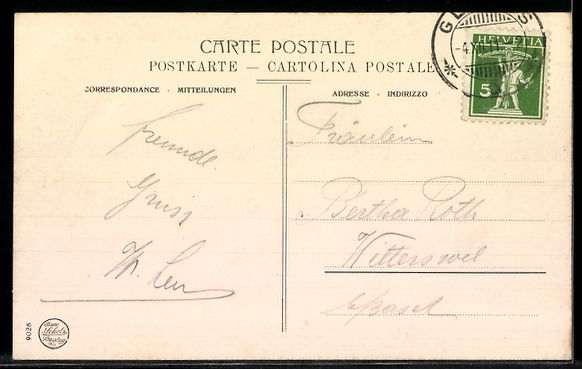 Cartoline postali: AK Glarus, Glarnerhof & Wiggis, Wasserfontäne – Usato da Berlin venduto da bartko-reher 1