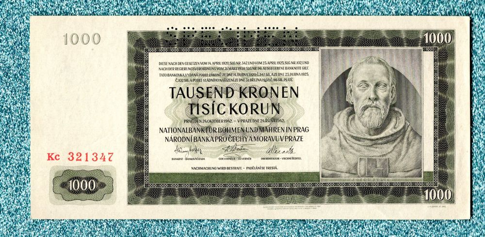 Bohmen & Mahren 1000 korun Specimen 1942 UNC (Neu (gemäss Beschreibung ...