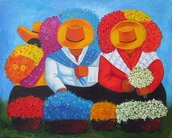 Acryl- / Ölgemälde "Blumenmarkt" nach E. Millones, 100x79 cm