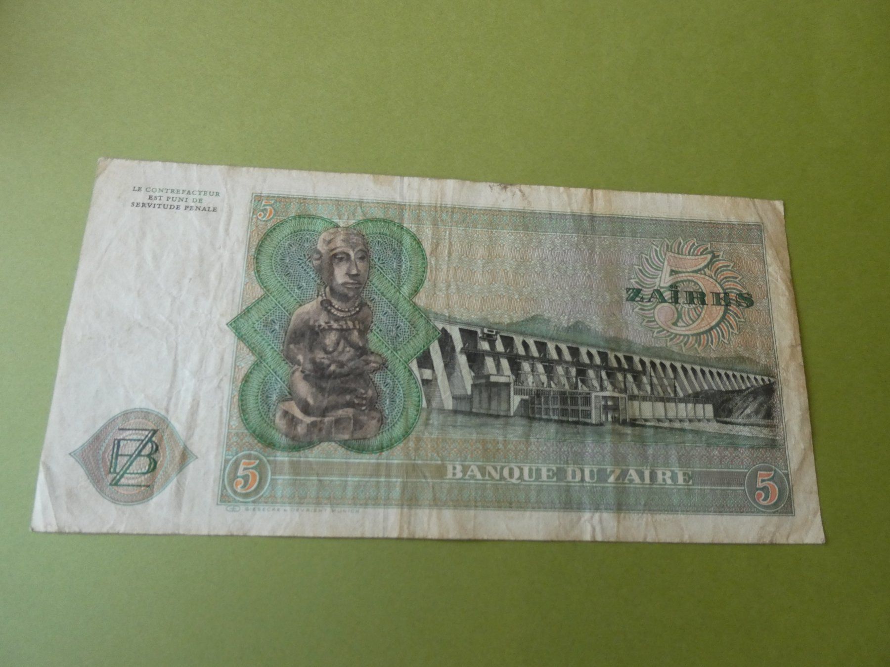 Banconote: Zaire 1977, 5 Zaires – Usato da Hinterforst venduto da Rohusri 1