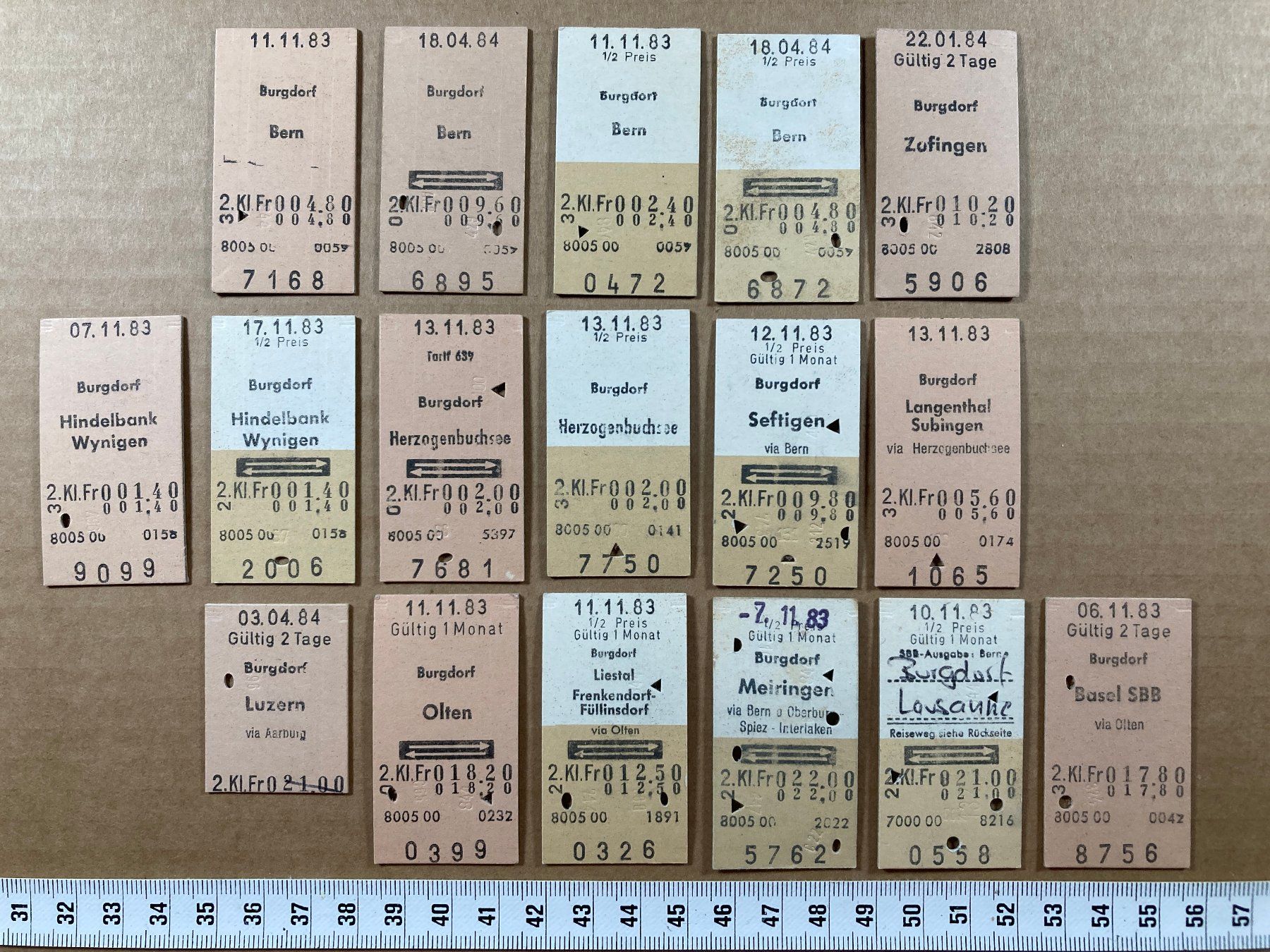 Biglietti: Burgdorf, 17 Edmondsonsche Bahnbillette, 1983, 1984, SBB – Usato da Lenzburg venduto da fh1