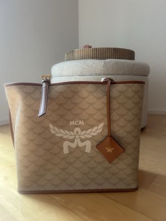 MCM Shopper Tasche Leder Canvas beige neuwertig