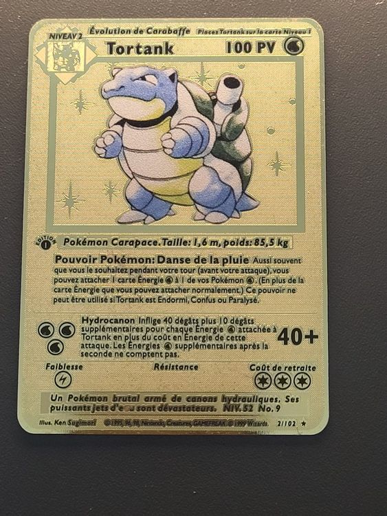 carte pokemon Tortank acier inoxydable doré + cadre + chevalet