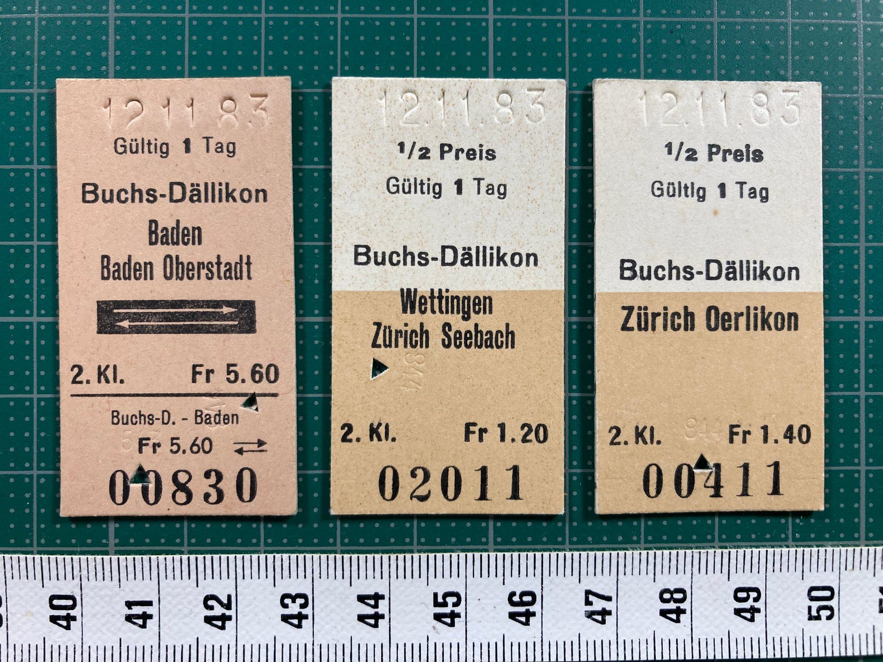 Tickets: Buchs - Dällikon, 3 alte Bahn Billette, 1983, SBB – Gebraucht aus Lenzburg von fh1
