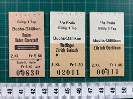 Buchs - Dällikon, 3 alte Bahn Billette, 1983, SBB