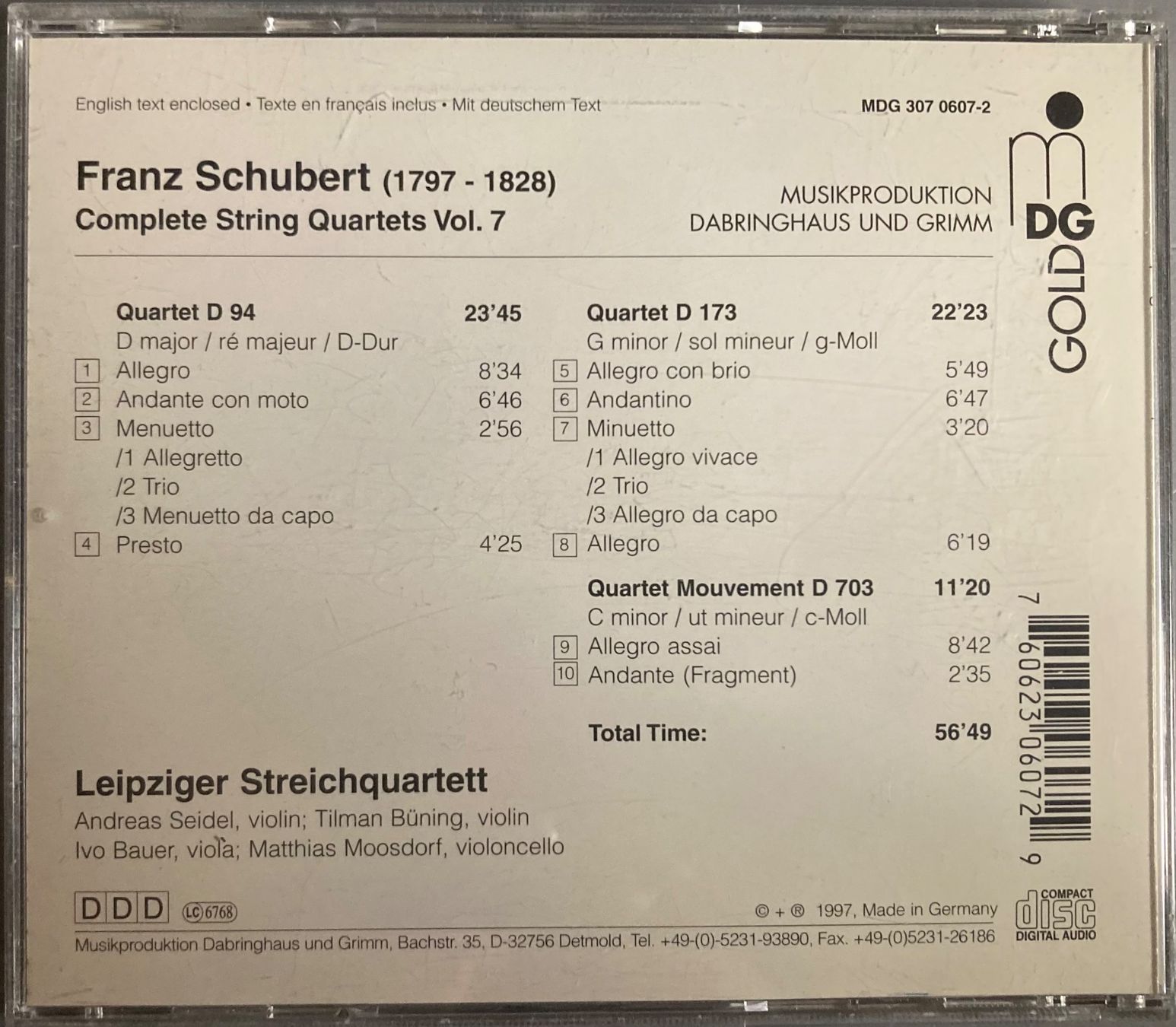 CDs: FRANZ SCHUBERT...... - COMPLETE STRING QUARTETS VOL. 7 – Gebraucht aus Poliez-Pittet von Newtown-Records 1