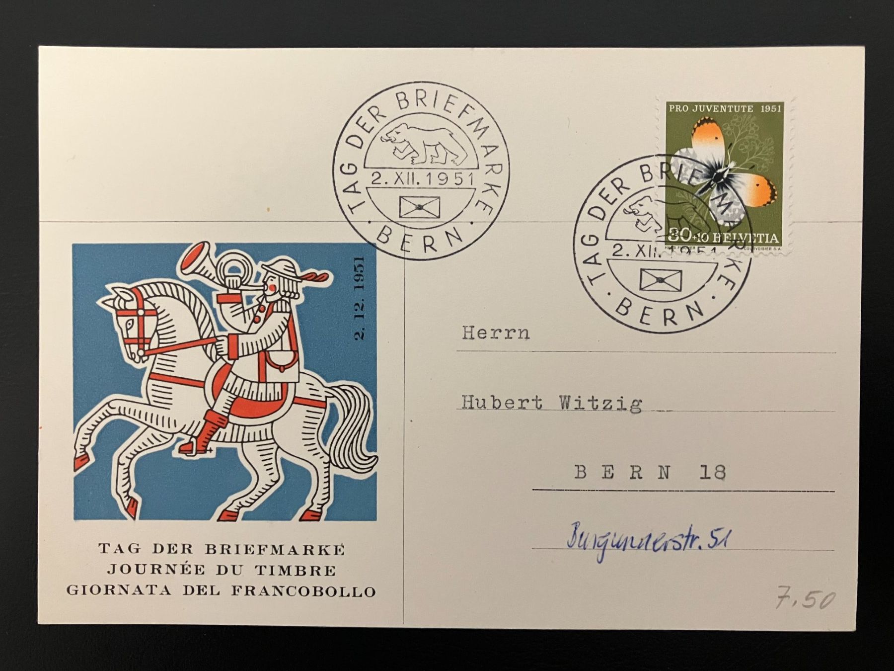 Tutti i francobolli: Postkarte Tag der Briefmarke 1951 Bern – Usato da Solothurn venduto da Tomtom2910