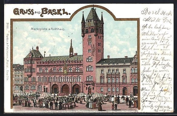 Cartoline postali: Litho Basel, Marktplatz mit Rathaus – Usato da Berlin venduto da bartko-reher
