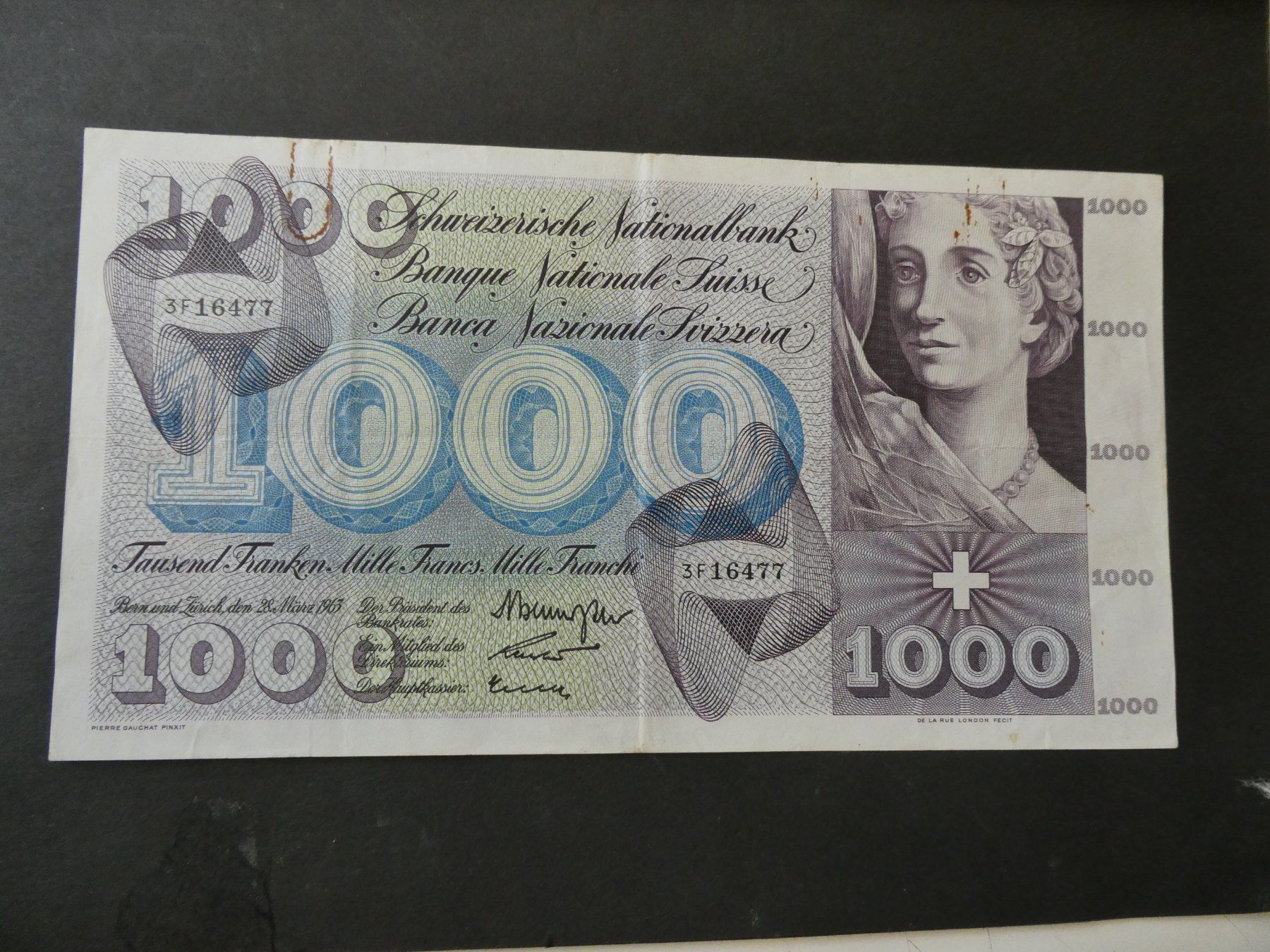 Banknoten: Schweiz 1963, 1000 Franken – Gebraucht aus Hinterforst von rohusri