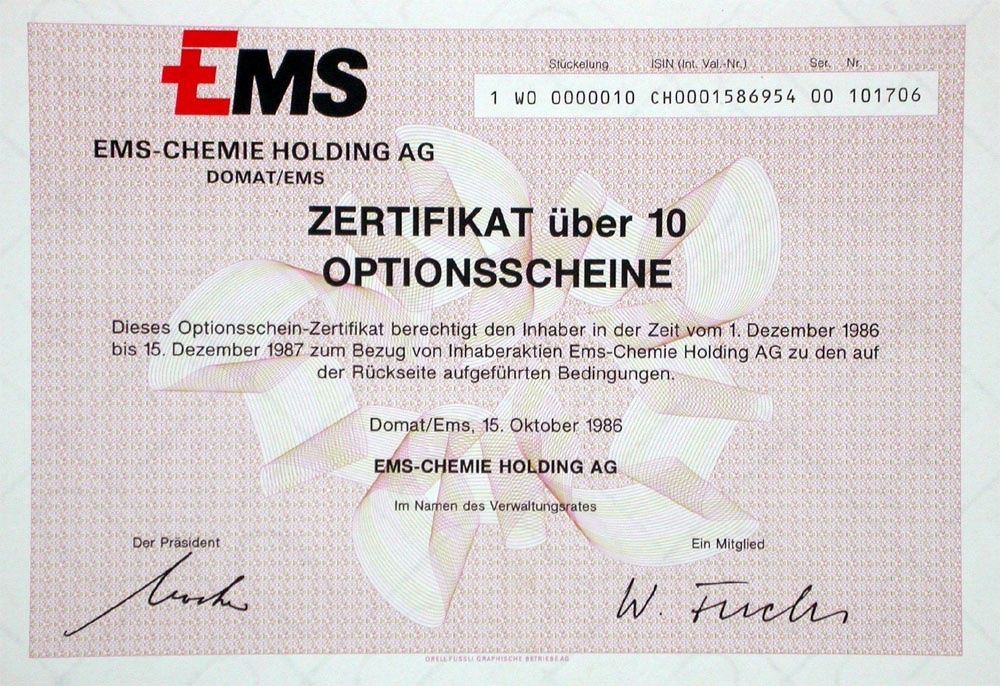 Documenti: Ems-Chemie Holding AG - 1986 – Usato da Solothurn venduto da Sgasche