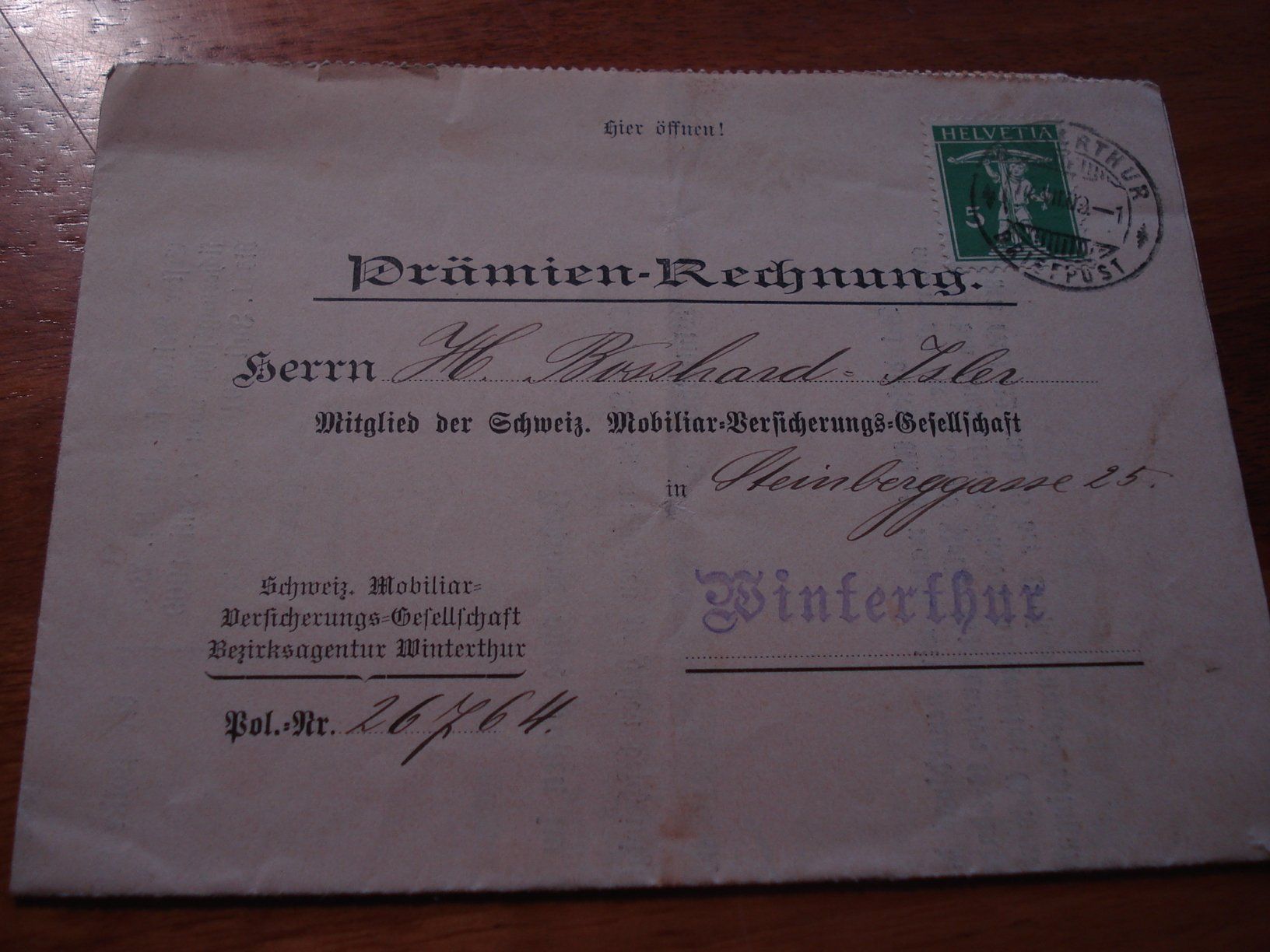 Alle Briefmarken: Faltbrief 1908, Prämienrechnung Mobiliar-Versicherung – Gebraucht aus Niederwil AG von morostahu