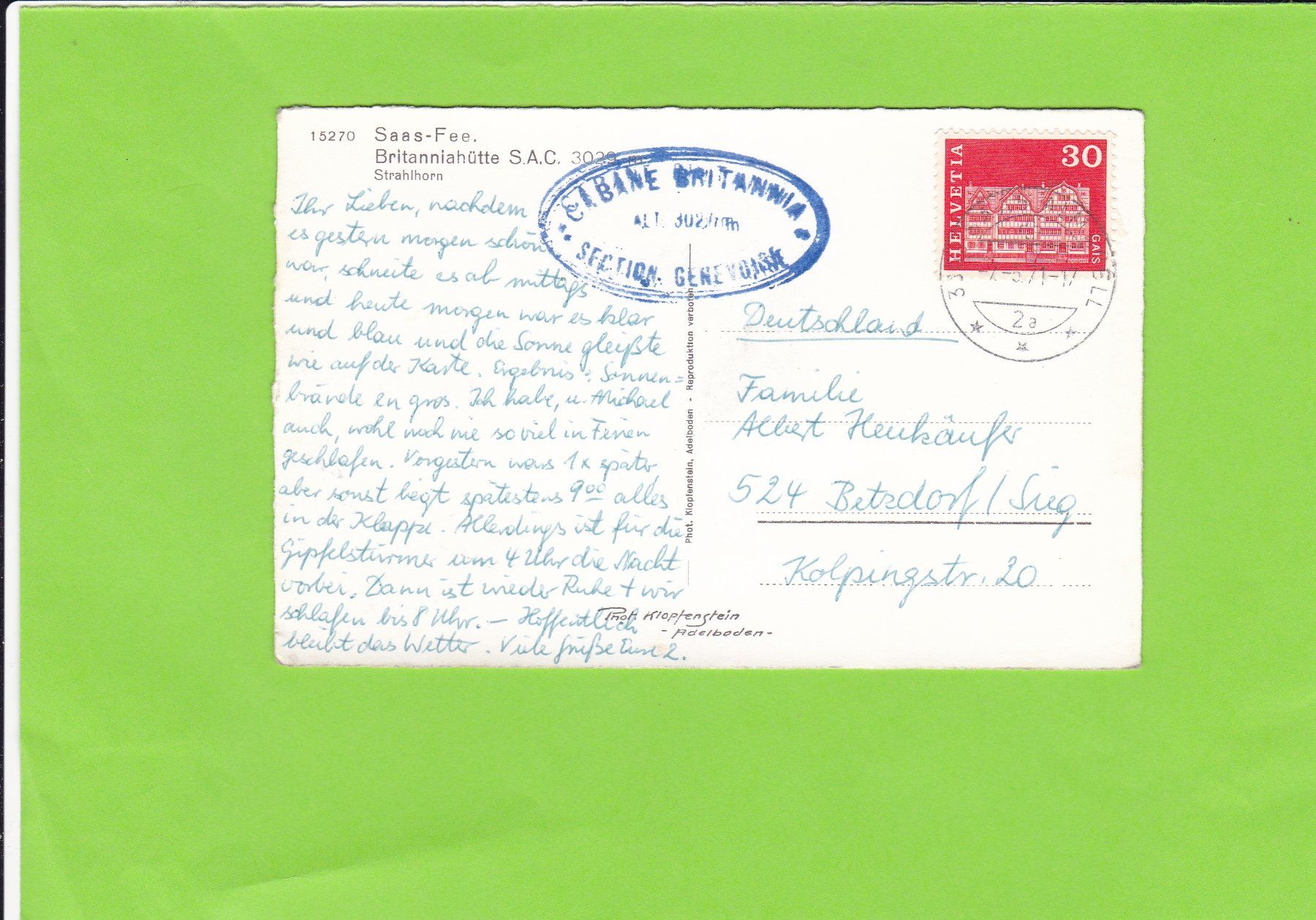 Cartoline postali: Saas-Fee, Britanniahütte – Usato da St. Peterzell venduto da neckertal 1