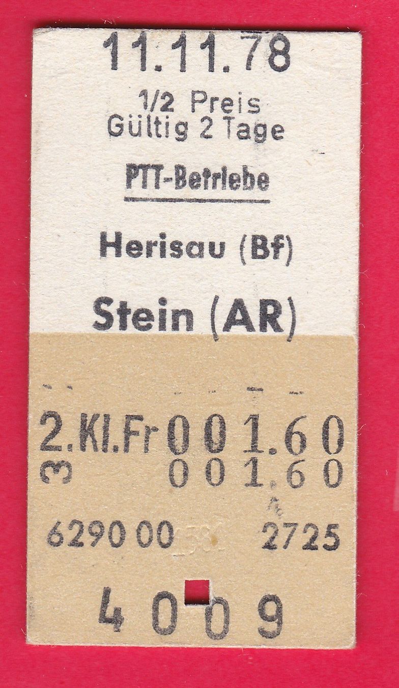 Biglietti: KARTON BILLETT, PTT,HERISAU - STEIN,2.KLASSE,EINFACH,HALBTAX – Usato da Oberrieden venduto da Gebirgsstelze