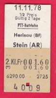 KARTON BILLETT, PTT,HERISAU - STEIN,2.KLASSE,EINFACH,HALBTAX