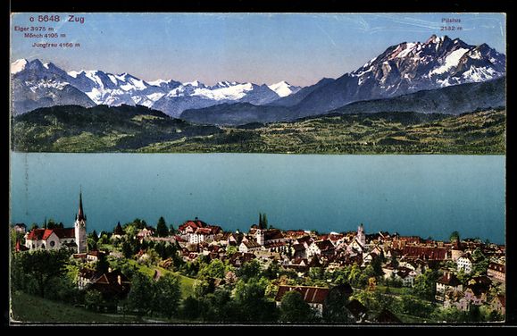Cartoline postali: Zug, Teilansicht mit Kirche, Eiger, Mön – Usato da Berlin venduto da bartko-reher