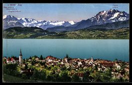 Zug, Teilansicht mit Kirche, Eiger, Mön