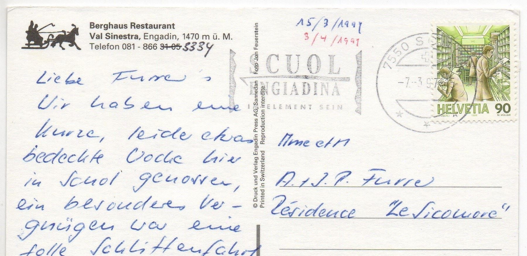 Cartes postales: VAL SINESTRA Berghaus Restaurant, Auto – D'occasion à Jona par philajona 1