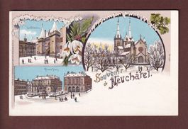 Souvenir de NEUCHÂTEL sous la neige - Litho Guggenheim