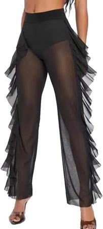 elastische Tüll Hose schwarz XS mit Volants Dessous Mesh