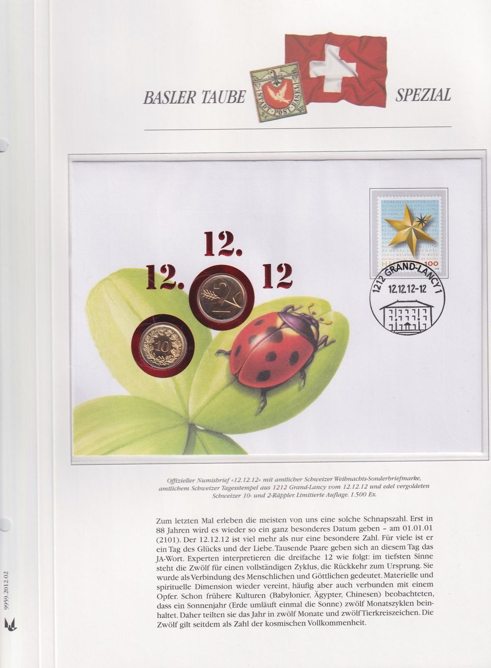 Tous les timbres: 2012, Numisbrief/Münzbrief "12.12.12" mit 2+10 Räppler. – D'occasion à Sursee par Luzernerraute 6