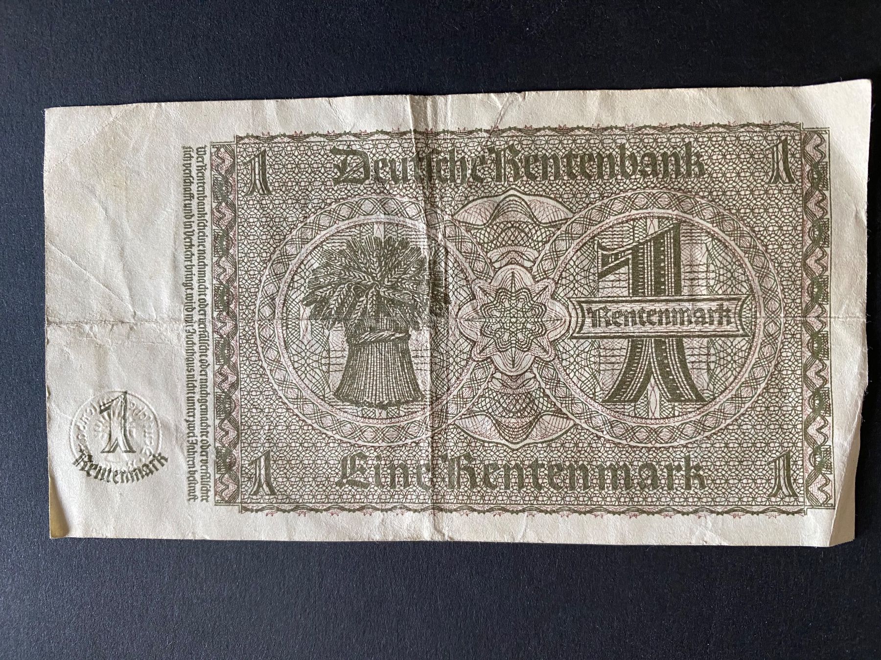 Banknoten: 1 Rentenmark Banknote, Jahr 1937 – Gebraucht aus Zürich von leo0105 1
