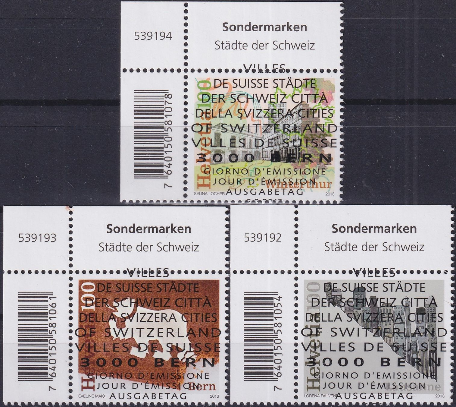 Tutti i francobolli: 2013, Nr.1481-1483 "Städte " +Ersttags-Voll-Stempel +TABS – Usato da Sursee venduto da Luzernerraute