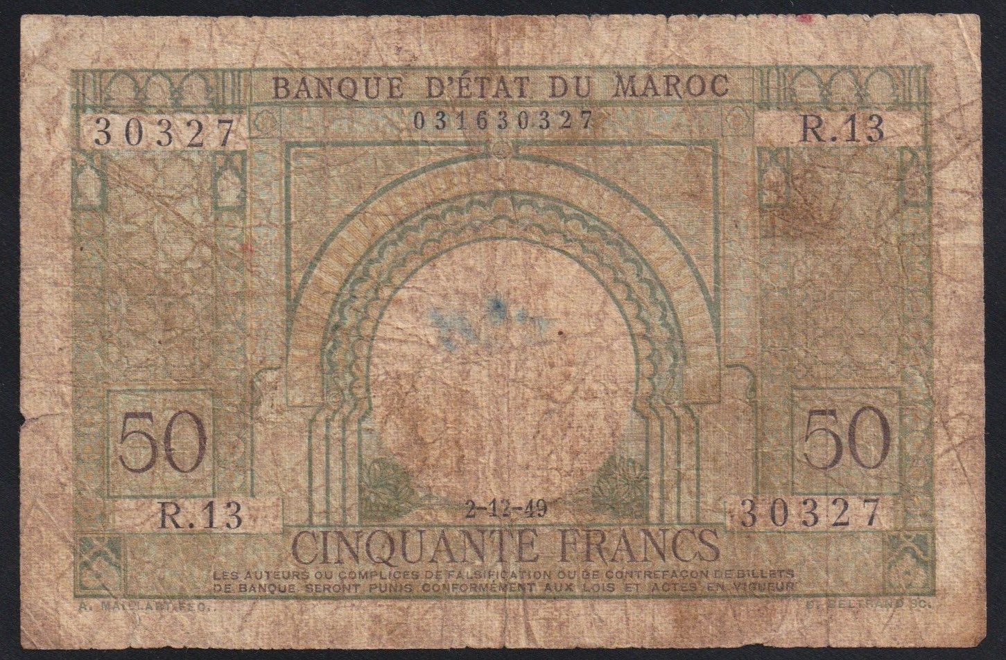 Banconote: Marokko 50 Francs 1949 – Usato da Brugg AG venduto da banknoten_muesli