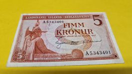 5 Isländische Kronen Banknote, Jahr 1957, Sammlerstück