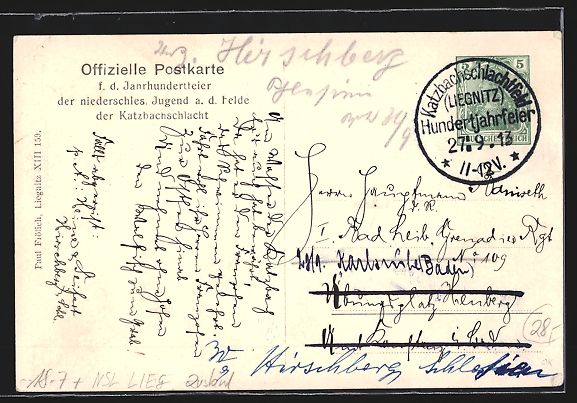 Cancelleria postale: Liegnitz, Jahrhundertfeier Katzbachschla – Usato da Berlin venduto da bartko-reher 1