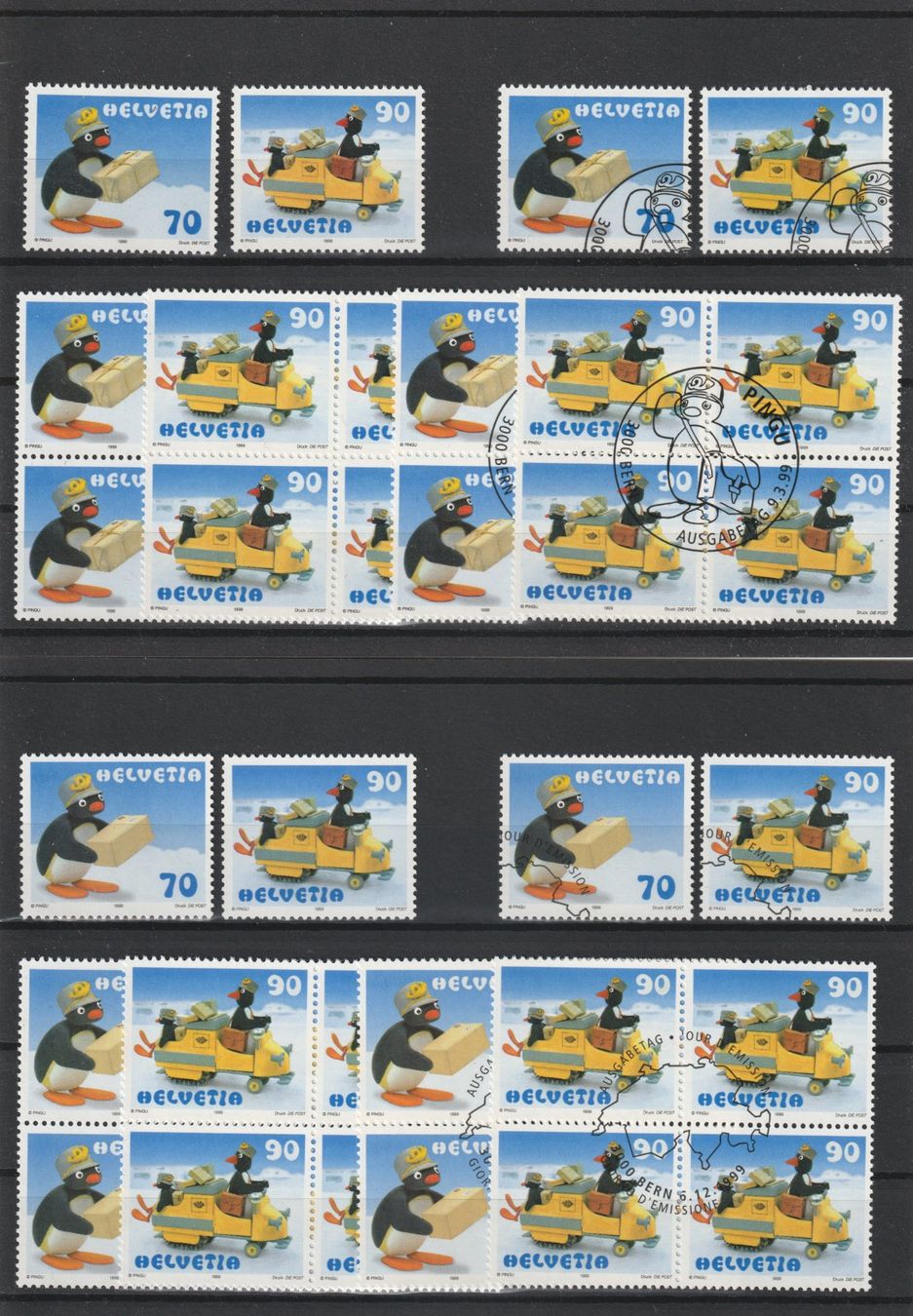 Tutti i francobolli: 1999 Pingu 4er-Block + einzeln / Postfrisch + Ersttag – Usato da Spiez venduto da Crazyduck