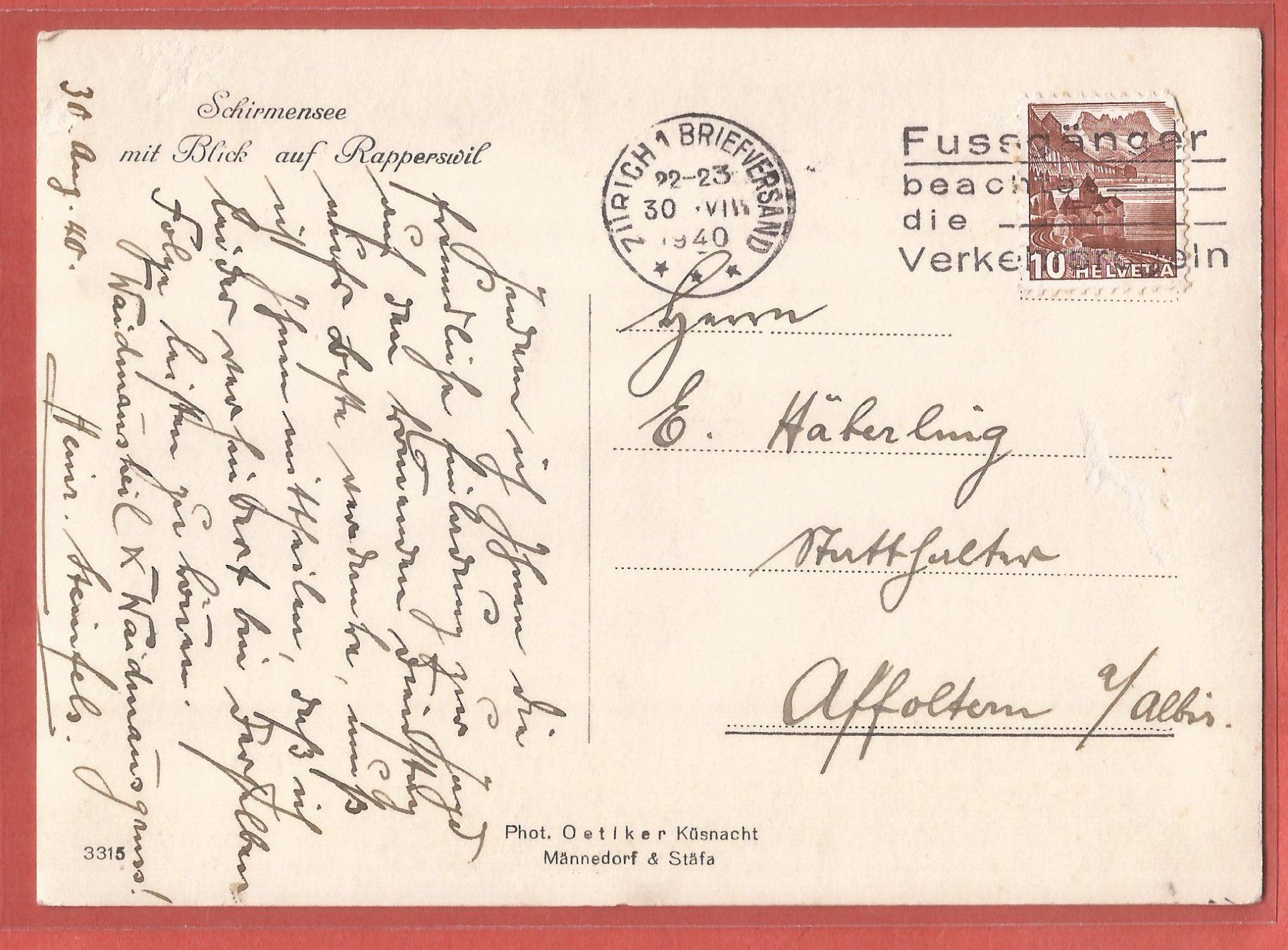 Cartoline postali: Schirmensee bei Stäfa - Blick nach Rapperswil - 1940 – Usato da Fislisbach venduto da Porano 1