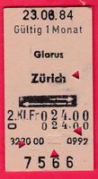 KARTON BILLETT, GLARUS - ZÜRICH, 2.KLASSE, RETOUR