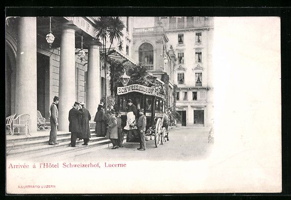 Cartoline postali: Lucerne, Arrivée à l'Hotel Schweizerho – Usato da Berlin venduto da bartko-reher