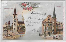 Gruss aus Biel - Obergasse, Künstlerhaus & Kirche - Litho