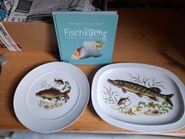 6 Teller mit Platte, Fischmotiv und Kochbuch "Fischküche"