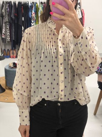 Massimo Dutti Boho Bluse mit Seide 42 creme lila Stehkragen
