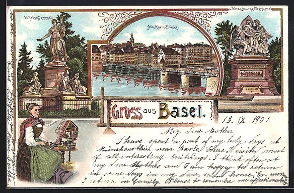 Ansichtskarten: Litho Basel, St. Jakobsdenkmal, alte Rhe – Gebraucht aus Berlin von bartko-reher