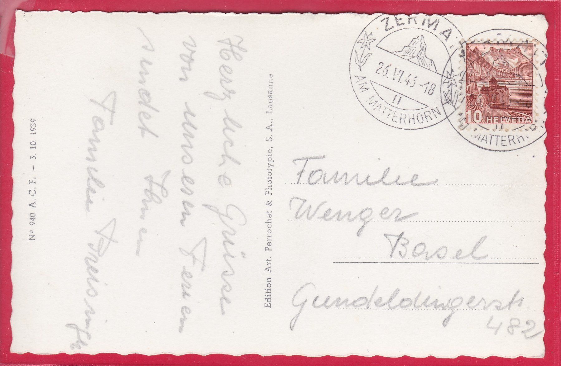 Cartoline postali: RIFFELBERG UND MATTERHORN, 26.6.1946 – Usato da Oberrieden venduto da Gebirgsstelze 1