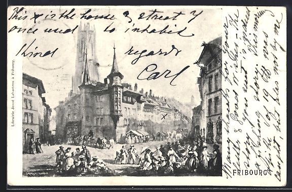Cartoline postali: Fribourg, Ortspartie mit Menschenmenge,  – Usato da Berlin venduto da bartko-reher