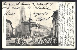 Fribourg, Ortspartie mit Menschenmenge, 