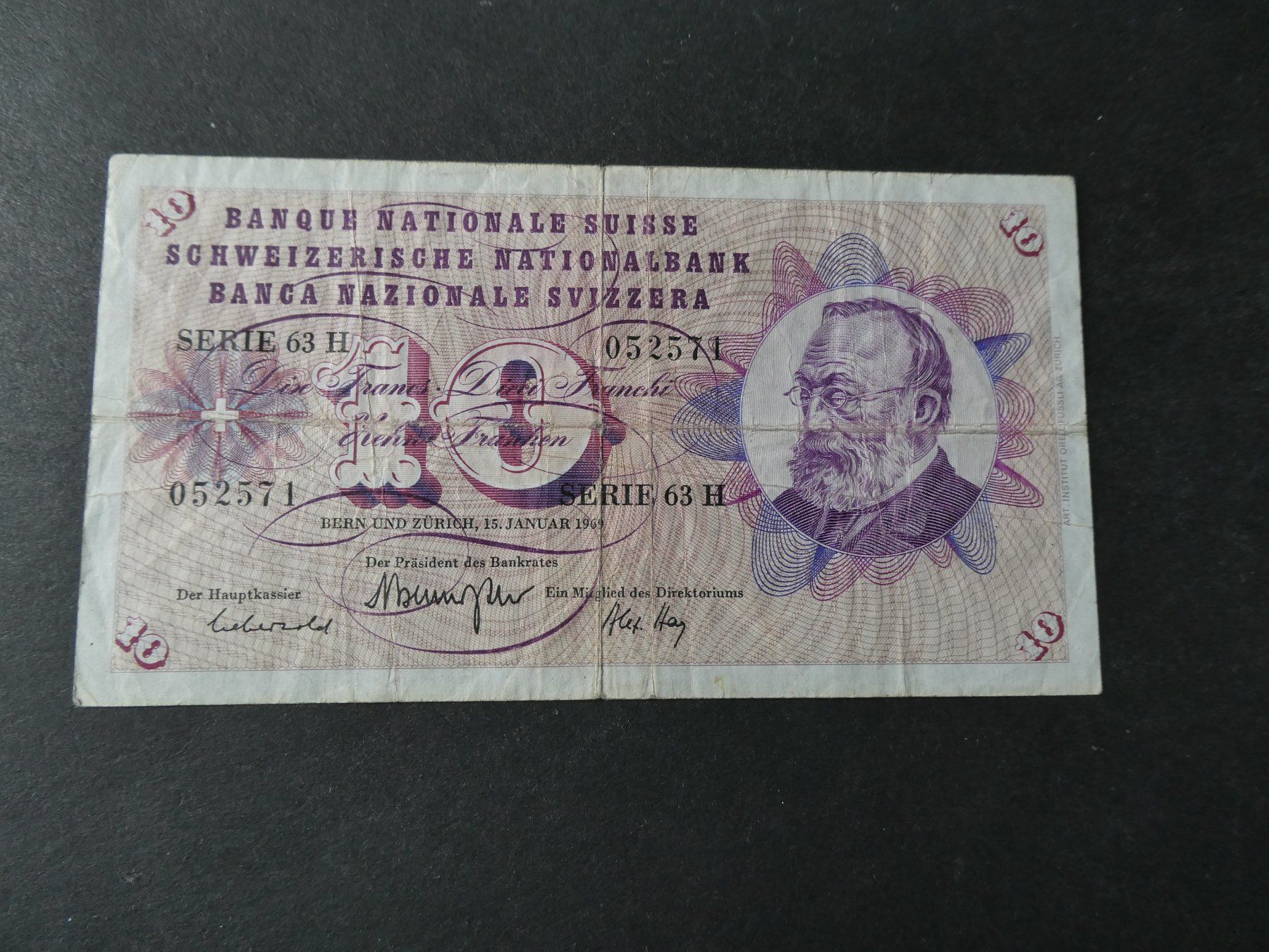 Banknoten: Schweiz 1969, 10 Franken – Gebraucht aus Hinterforst von Rohusri