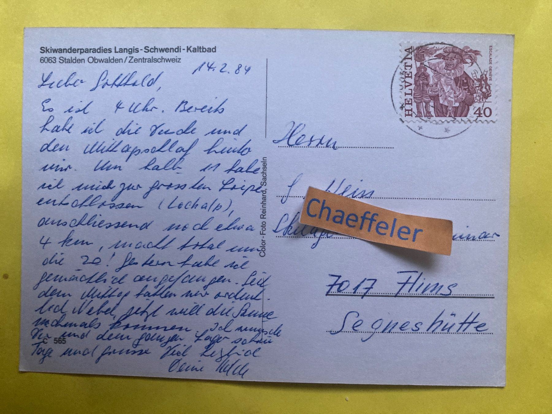 Ansichtskarten: 1984 Glaubenberg Langis OW – Gebraucht aus Zürich von Chaeffeler 1