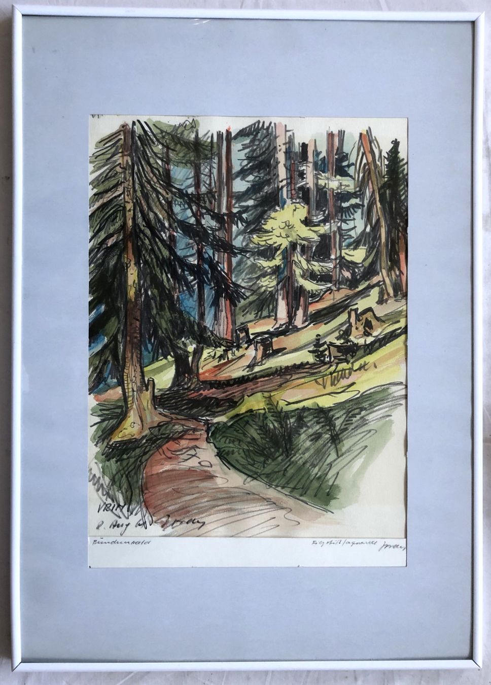 Dipinti: Gemälde - Aquarell + Filzstift - "Bündnerwald" – Usato da Schaffhausen venduto da durruti