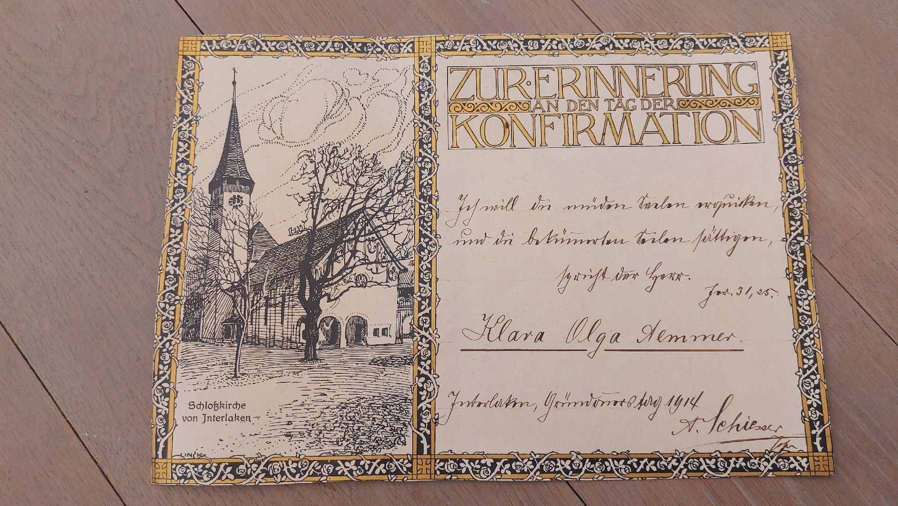Documenti: Schlosskirche Interlaken 1914, Konfirmation, Urkunde – Usato da Sutz venduto da Lachsforelle